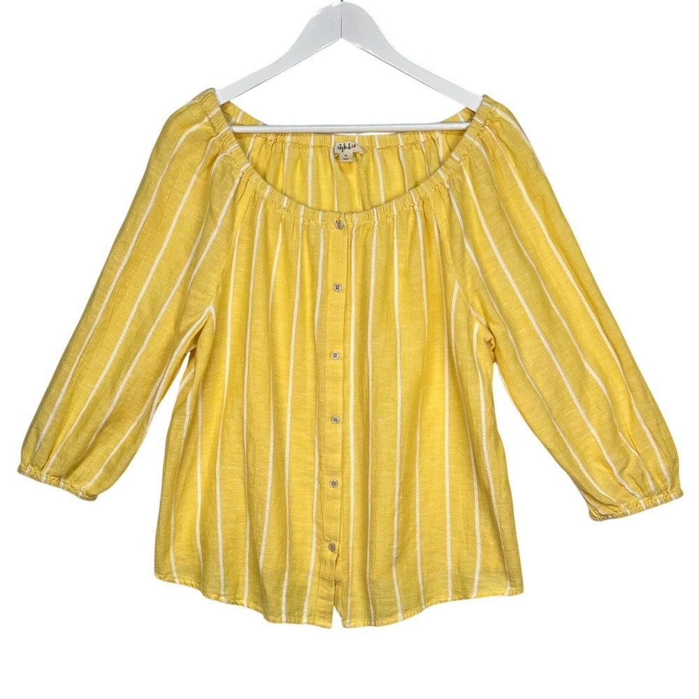 Style & Co Yellow Striped Button Up Top Women XL Peasant Boho Casual Summer Airy